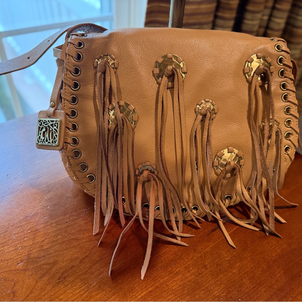 Carlos Falchi Tan Leather Crossbody Bag with Fringe